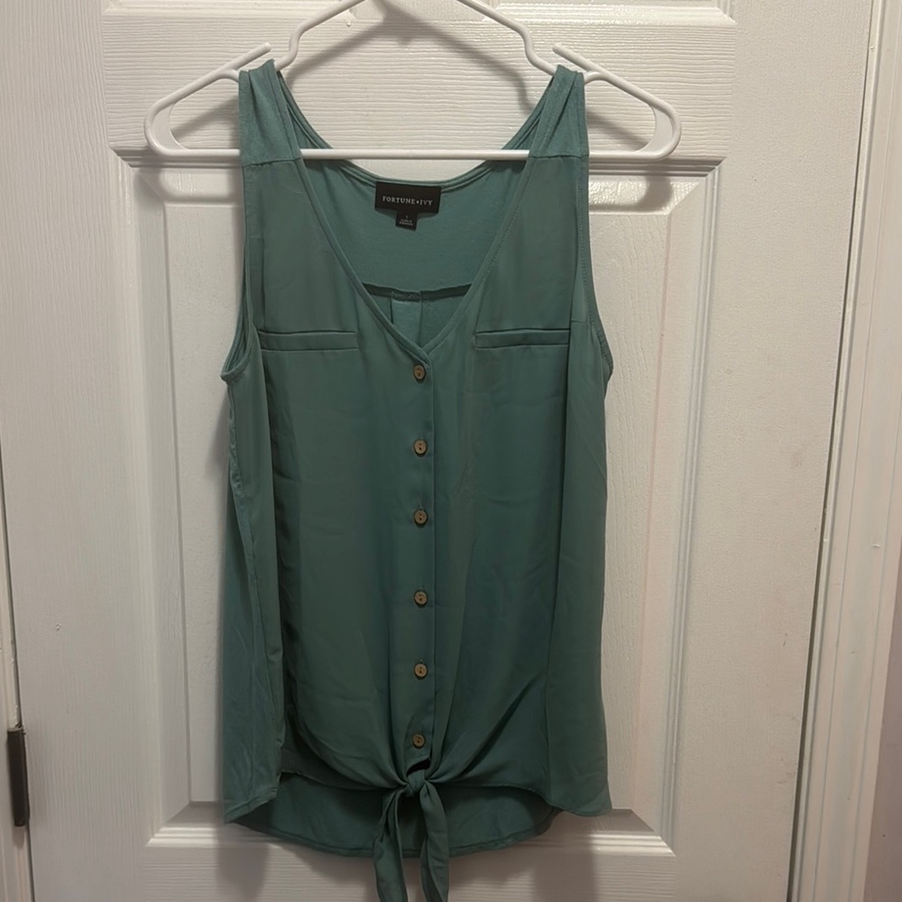 Green Buttoned Tie Front Tank Top